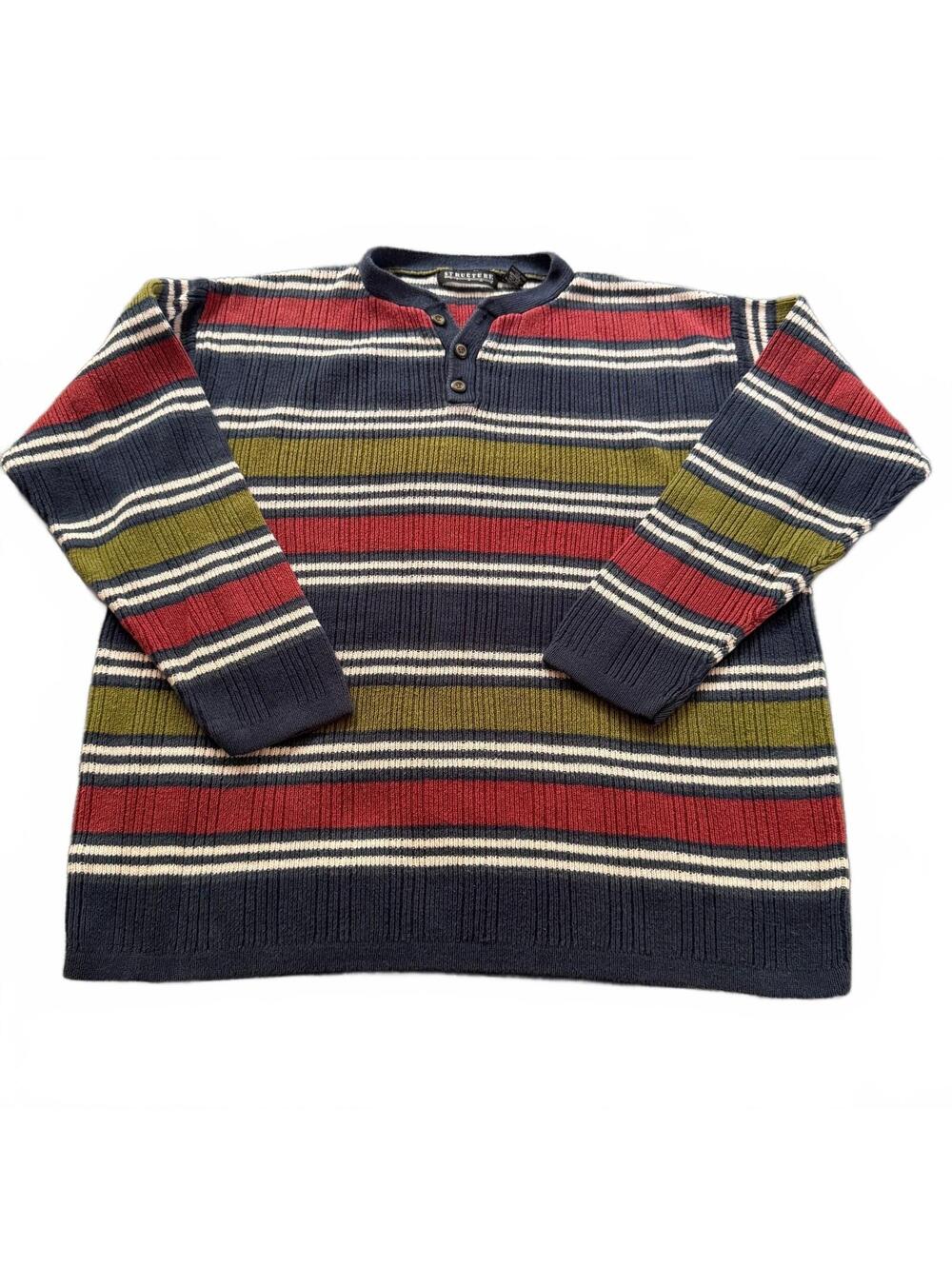 Structure Striped Henley Sweater XL Ramie Cotton Navy Red Olive 90s Vintage